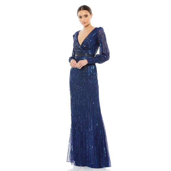 Mac Duggal 5501 Long Sleeve Sequin Embellished Evening Gown Midnight Size 2 NWT